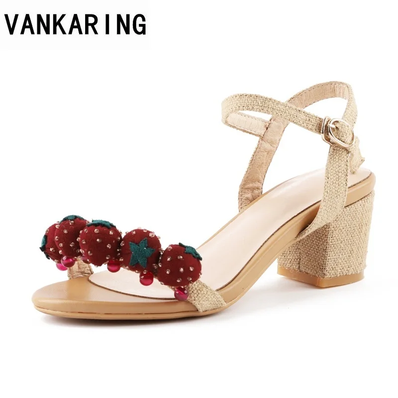 

VANKARING 2018 high heels ankle strap women sandals open toe shoes strawberry decorate flat with sandals bohemia dress date shoe