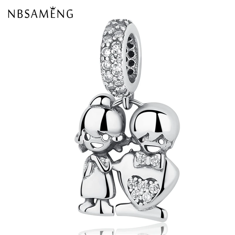 Authentic 925 Sterling Silver Charm Bead Boy and Girl Love Crystal