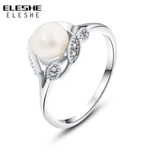 ELESHE, высокое качество, 925 серебряные кольца с прозрачным CZ цветком и искусственным жемчугом для женщин, свадебные кольца, роскошные серебряные ювелирные изделия
