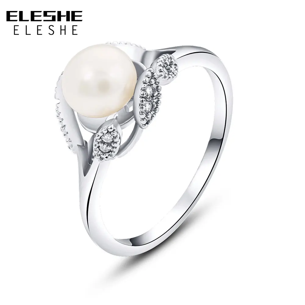 

ELESHE High Quality 925 Silver Rings with Clear CZ Flower Leaf and Imitation Pearl for Women Wedding Rings Luxury Silver Jewelry