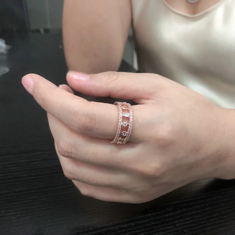 Double Fair Rose gold Color With Full Zircon Classic Hollow Rings For Women Brand Engagement Ring Jewelry DFR660
