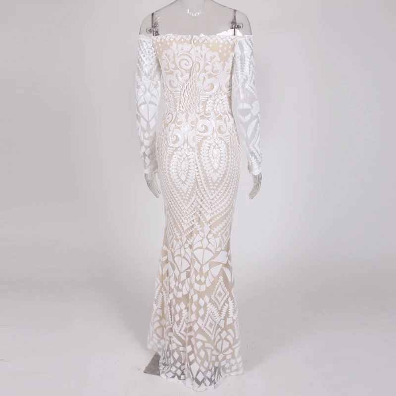 Белое бургундское Платье макси с блестками и открытыми плечами, геометрическое платье с длинными рукавами в пол, элегантное вечернее платье