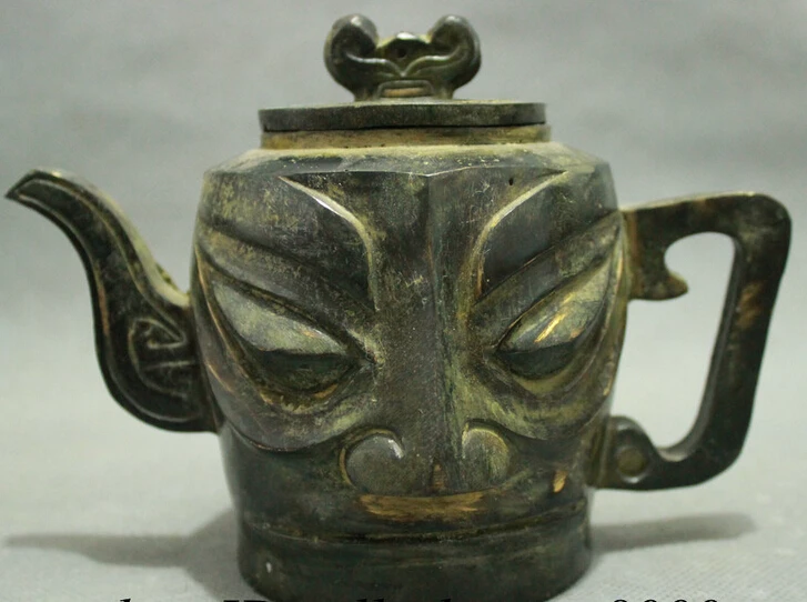 

JP S0608 Folk Chinese Old Bronze Collect Two-sided Man Face Statue Teapot Wine Pot Flagon