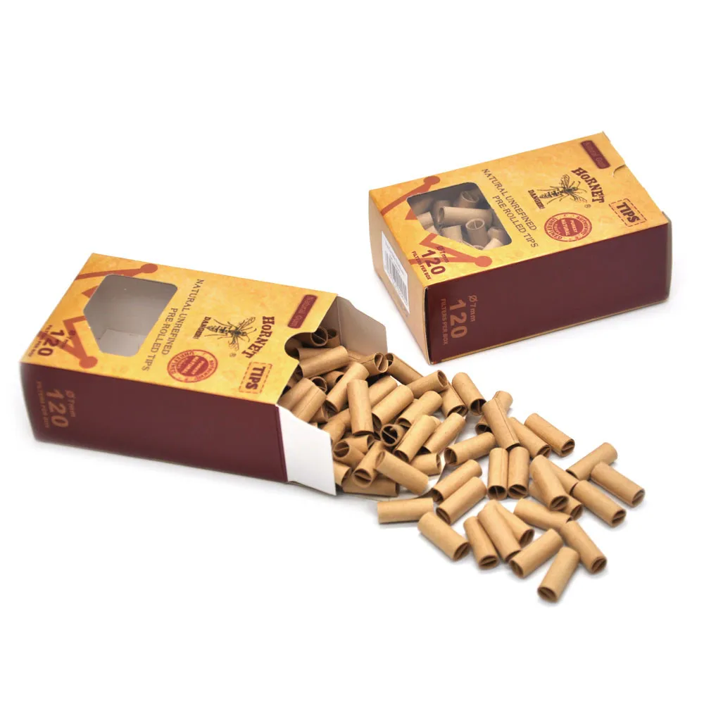 

hot sale 120pcs home rolling paper Hornet Pre Rolled Natural Unrefined Cigarette Filter Rolling Paper Tips 7MM Papel de cigarro