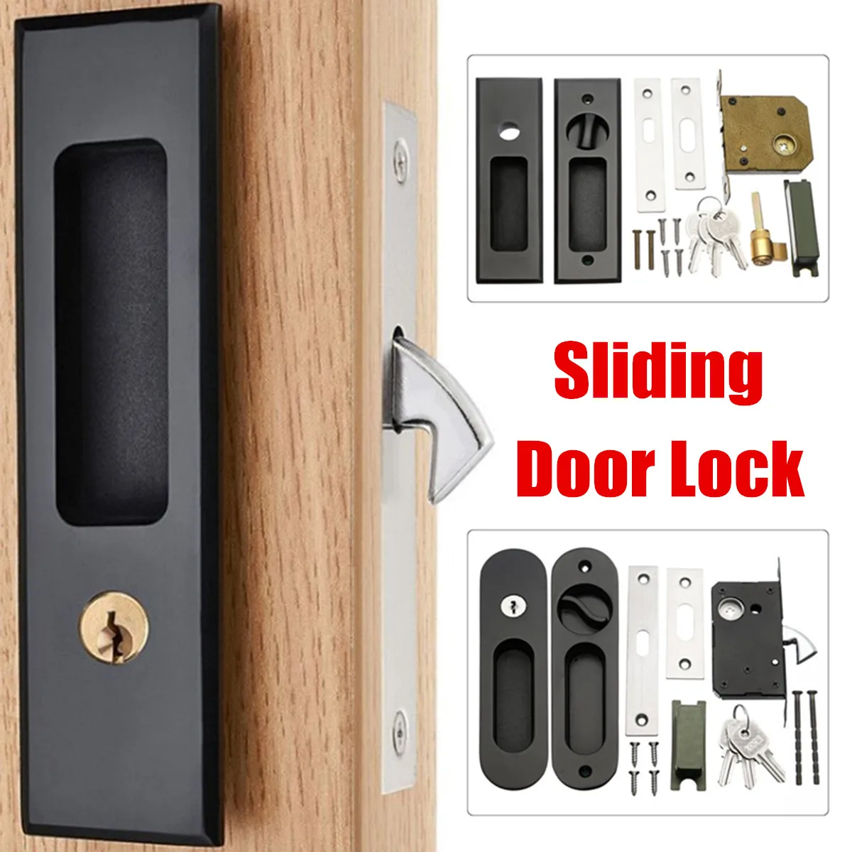 

Round or Square Matte Black Sliding Door Lock Flush Handle Finger Pull Set Kitchen Bathroom Cabinet Locker with Keys