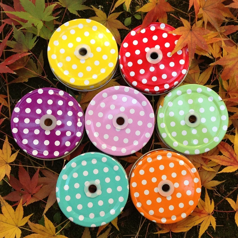 3 PCS Drinking glass colorful polka dots lids , Mason jar Hole Lids for Kids Parties birthday Baby Showers Drinking Accessories