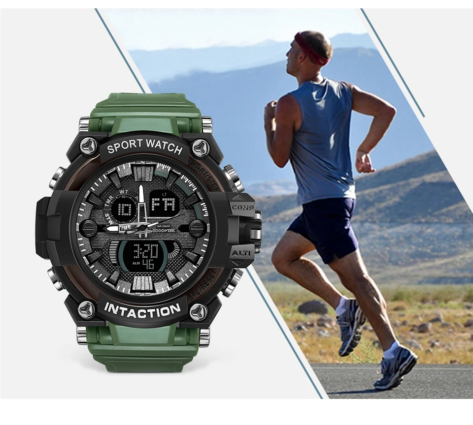 GOODWEEK Luxury Men Sport Watch Waterproof Digital Quartz Watches Men's Multi-functional Dual Display Watches Relogio Masculino