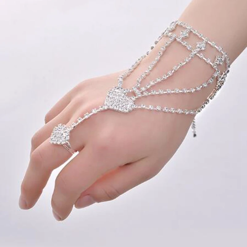 Fashion Famous Brand Jewelry Antique Silver Plated Women Girl Rhinestone Hand Bangle Chain Link Finger Ring Bracelet | Украшения и