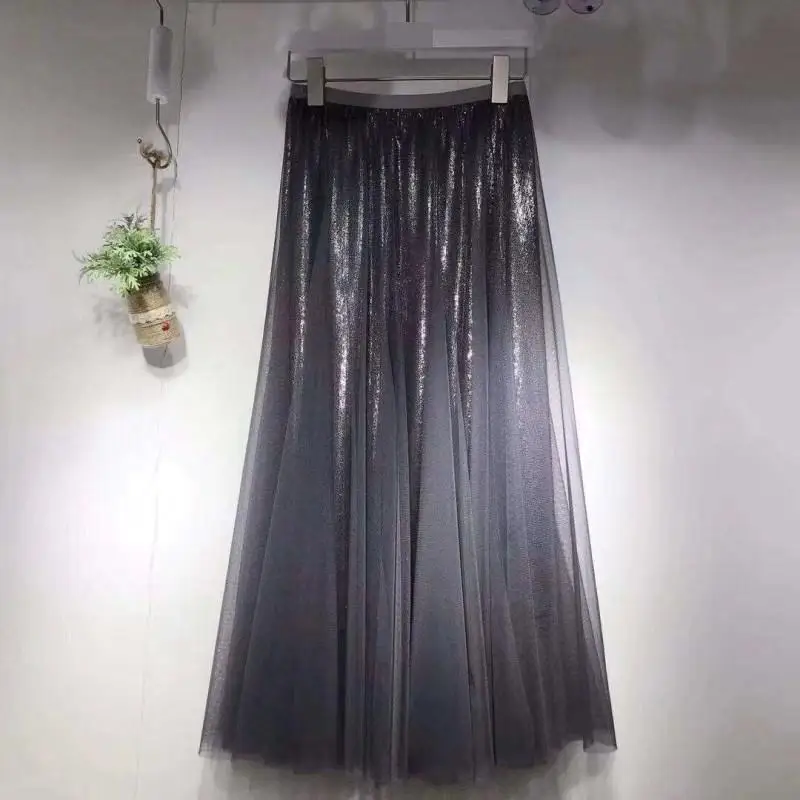 Весна новое поступление элегантная Тюлевая юбка металлическая блестящая мягкая супер тонкая текстура Фея длинные юбки для женщин