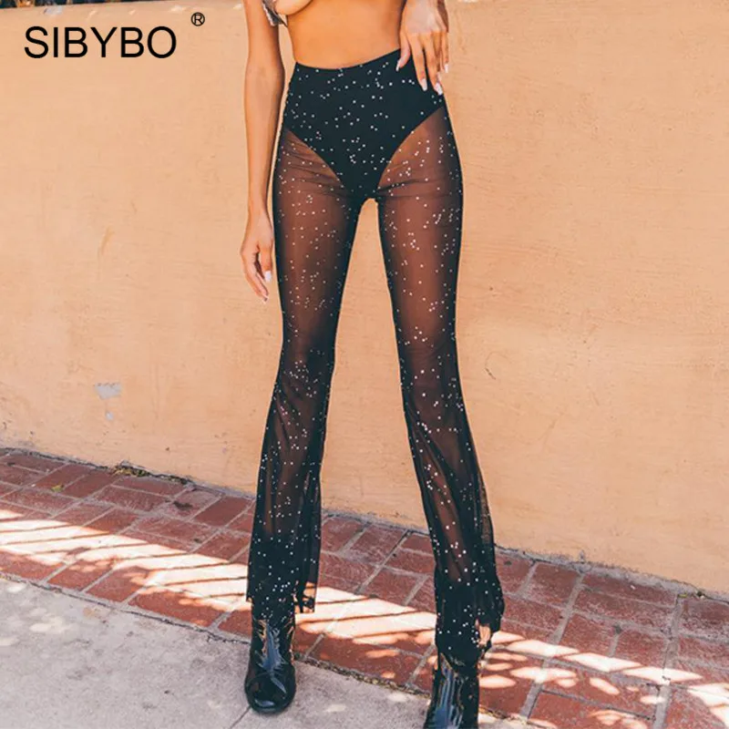 

Sibybo Sequin Mesh Transparent Sexy Pants Women High Waist Loose Summer Women Trousers Black Beachwear Casual Ladies Pants
