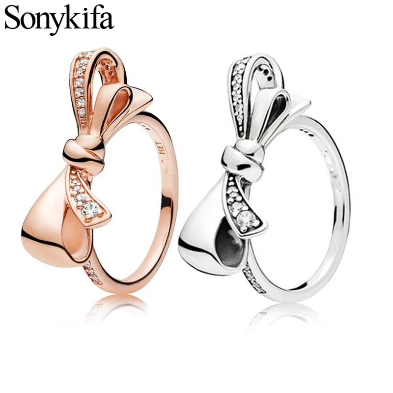 

Sonykifa Authentic Silver Color Engagement Ring for Women Cute Bow-Knot Pandoro Rings Wedding Jewelry Dainty Female Finger Ring