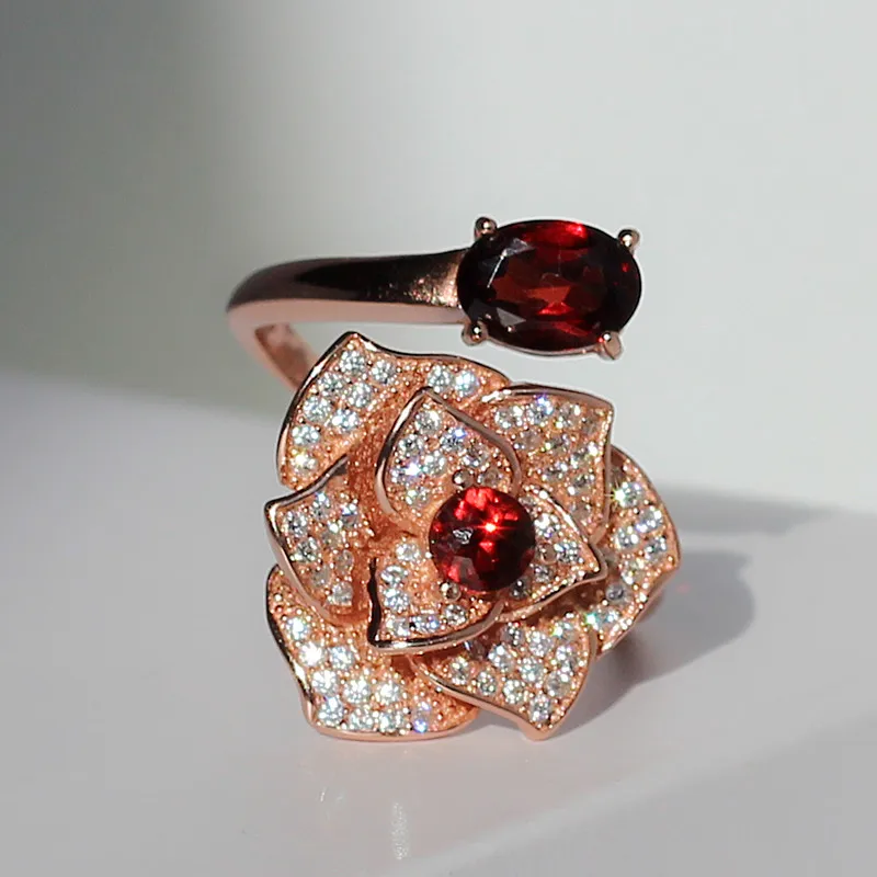 

Natural Garnet Ring 925 Sterling silver Gem CZ Fashion Fine Elegant Woman Jewelry Birthstone Love Camellia Rose Valentine Gift