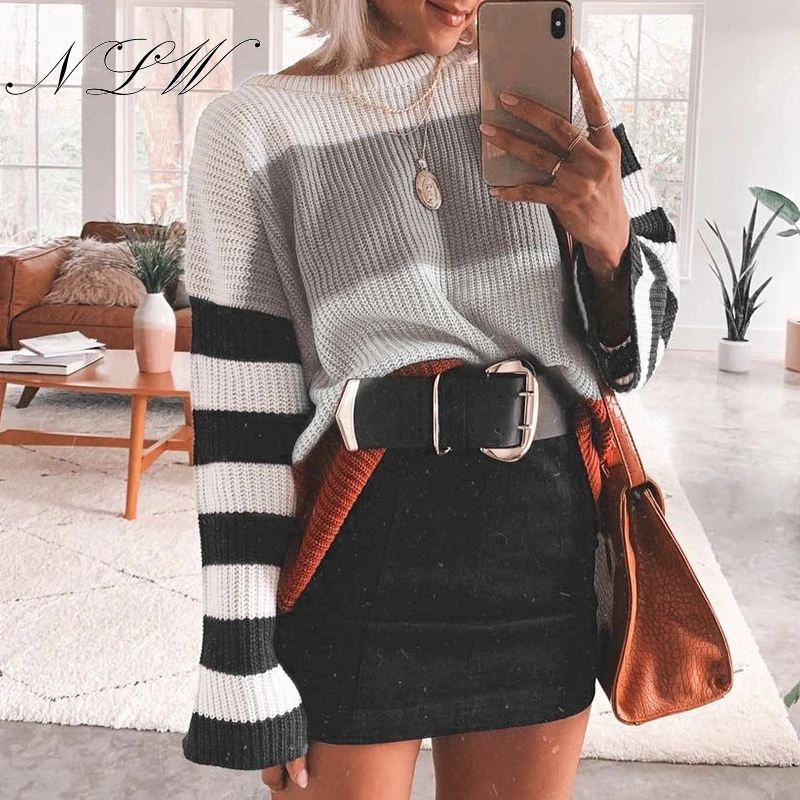 

NLW Stripe Winter Sweater Women 2019 Autumn Loose Casual Sweater Jumper Harajuku O Neck Knitted Sweater Long Sleeve Pullover