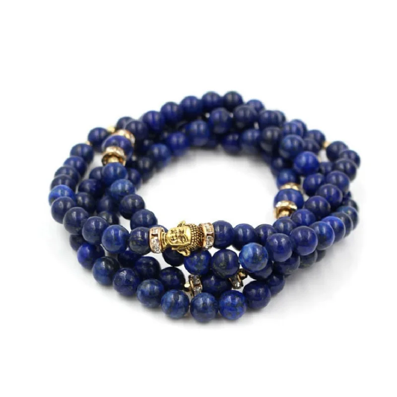 

Hot Sale Buddhist 108 Mala Lapis Lazuli Beads Bracelet or Necklace Wholesale Elastic Multi Strand Buddha Charm Prayer Bracelet