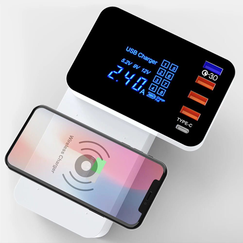 5 Port Smart USB Charger Type C Station Quick Charger 3.0 Led Display QI Wireless Charge Fast Charging Power Adapter Desktop