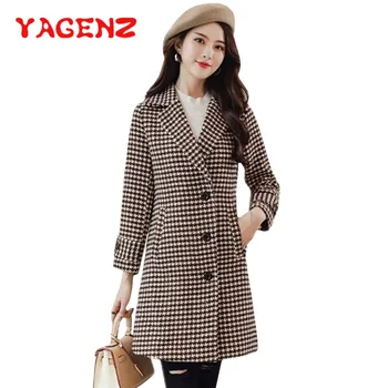 

YAGENZ Women Wool Coat Plaid Women Loose Long Single Breasted Woolen Coats Winter Coat Woolen Overcoat Wool Jackets Trench 204