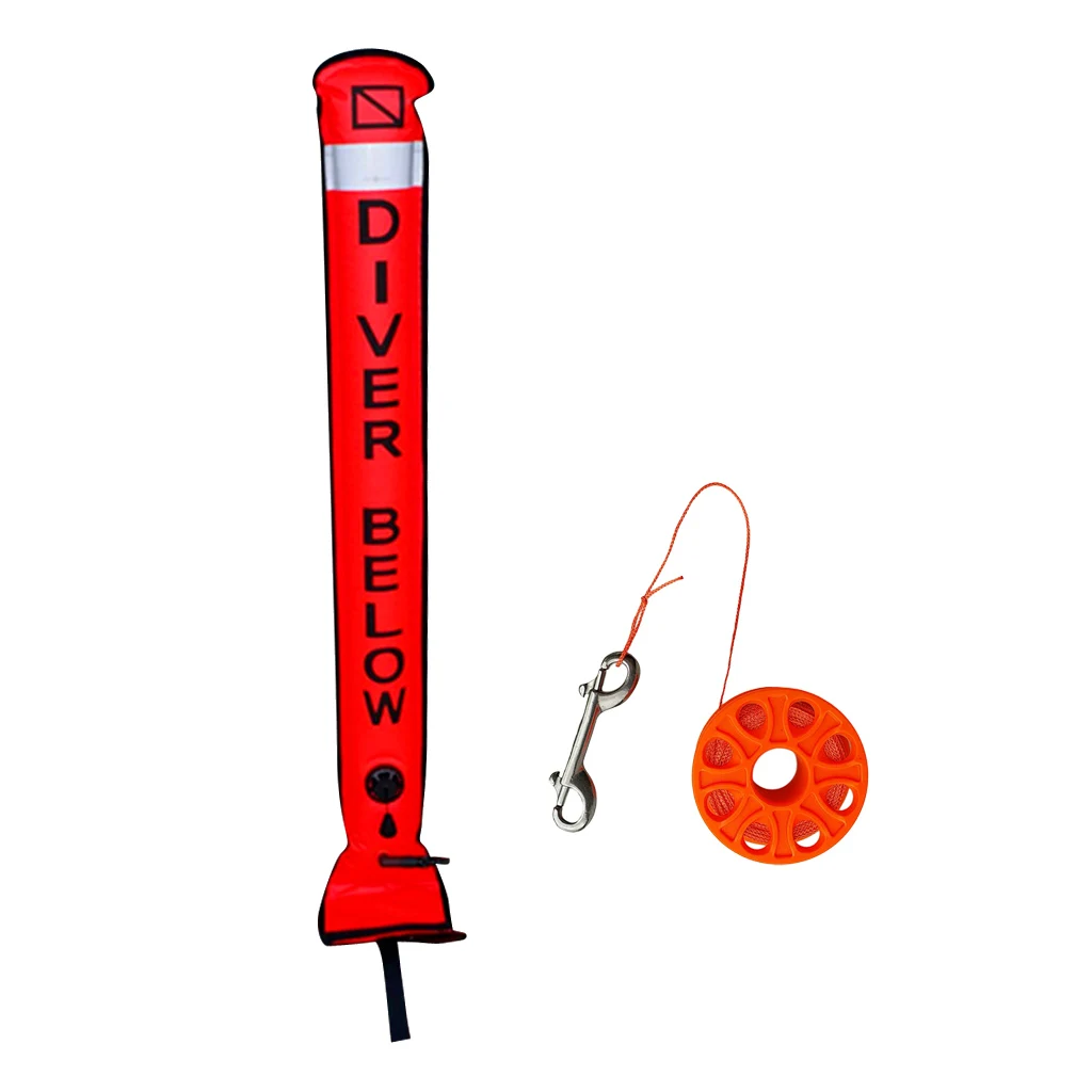 

Scuba Diving Surface Marker Buoy with Safety Reflective Tape Dive Flag Finger Spool Reel with 15m Line for Underwater Sports