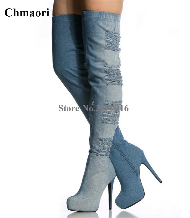 

Ladies New Sexy Blue Denim High Platform Over Knee Bandage Boots Stiletto Heel Thigh High Long High Heel Boots Street Shoes Boot