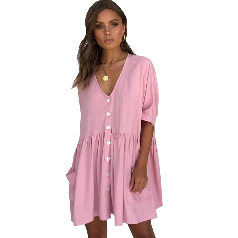 

Linen Dress Pockets Pink Deep V Neck Dress Women Mini Summer Beach Dresses 2019 Korean Vintage Short Sleeve Clothes Cotton Tunic