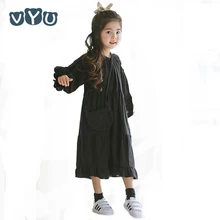 Новинка года; детское платье для девочек Хлопковое плиссированное платье в винтажном стиле с круглым вырезом и длинными рукавами детское повседневное длинное черное платье От 3 до 14 лет