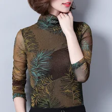 Американская Женская осенне-зимняя модная Облегающая водолазка с принтом листьев плюс бархатные плотные теплые футболки женская футболка оптом