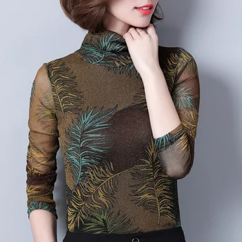 

American Women Winter Autumn Fashion Slim Leaves Print Turtleneck Plus Velvet Thick Warm Under Shirts Female Wholesale T Shirt