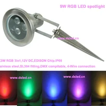 DHL! IP68, высокая мощность, хорошее качество, 9 Вт прожектор красного, зеленого, синего цвета, светодиодный свет на открытом воздухе с шип, работающего на постоянном токе 12 В, DS-10-47-9W-RGB