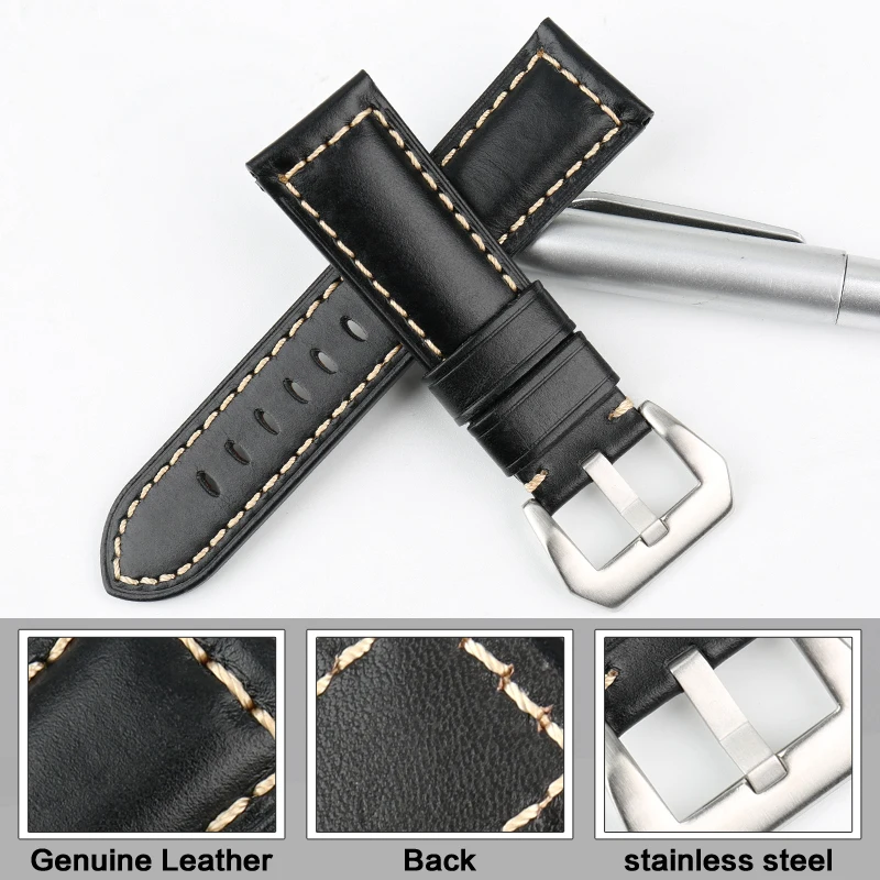 MAIKES Handmade Quality Cow Leather Watch Strap 22mm 24mm 26mm Watchbands Watch Bracelet Balck Watch Accessories For Panerai