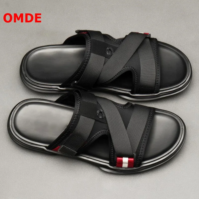 

OMDE New Fashion Summer Black Leather Sandals Men Breathable Open Toe Outdoor Slippers Fashion Slip On Casual Shoes Men's Flats