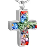 JJ8546 Murano Glass  Cross Cremation Pendant Urns For Ashes - Engravable Stainless Steel Keepsake Memorial Jewelry Necklace 1