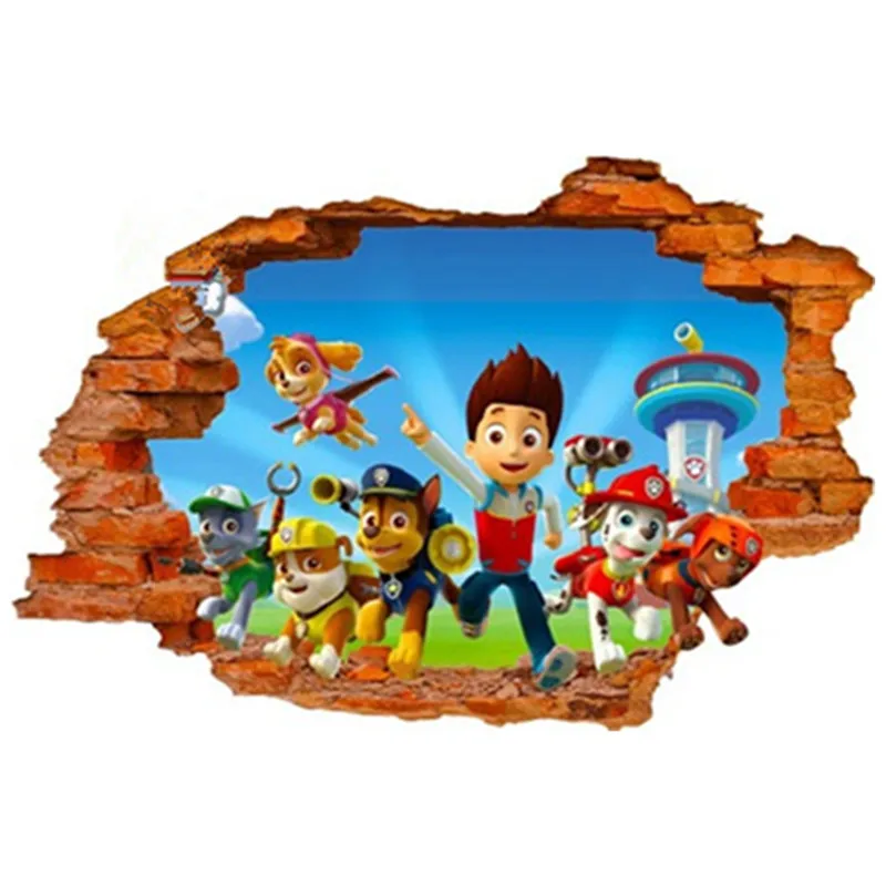 

Doggy Dog Patrols cartoon poster stickers 3d broken wall vinyl mural kids room nursery decoration removable wallpaper 90*60cm