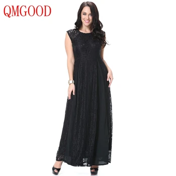 

QMGOOD 7XL 6XL Lady Large Size Sleeveless Lace Dress 2017 Autumn Fat MM Social Prom Party Black Long Dress Plus Size Clothing