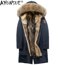 AYUNSUE, парка, Homme, настоящая Волчья шуба, Мужская Длинная зимняя куртка, Мужская длинная парка с воротником из меха енота, Hombre Invierno, FDBQ110, KJ1351