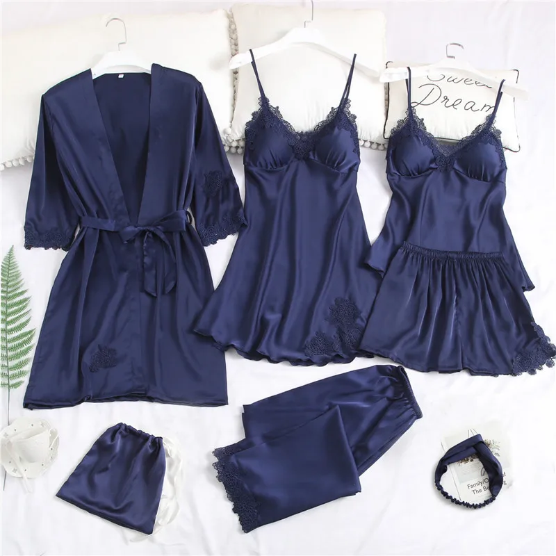 7 шт., Шелковый Атласный Женский пижамный комплект, кружевные сексуальные пижамы, женские пижамы, летняя Домашняя одежда, Пижама для женщин с нагрудной накладкой 935 - Цвет: dark blue