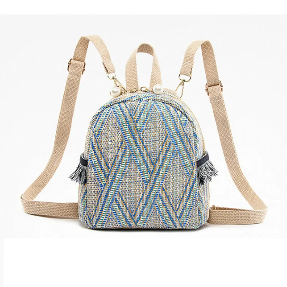 Новинка, плетеная Солома для девочек, рюкзак, летняя пляжная сумка, сумка-мессенджер, национальная полосатая, бохо, жемчужная, милая, портативная - Цвет: Синий