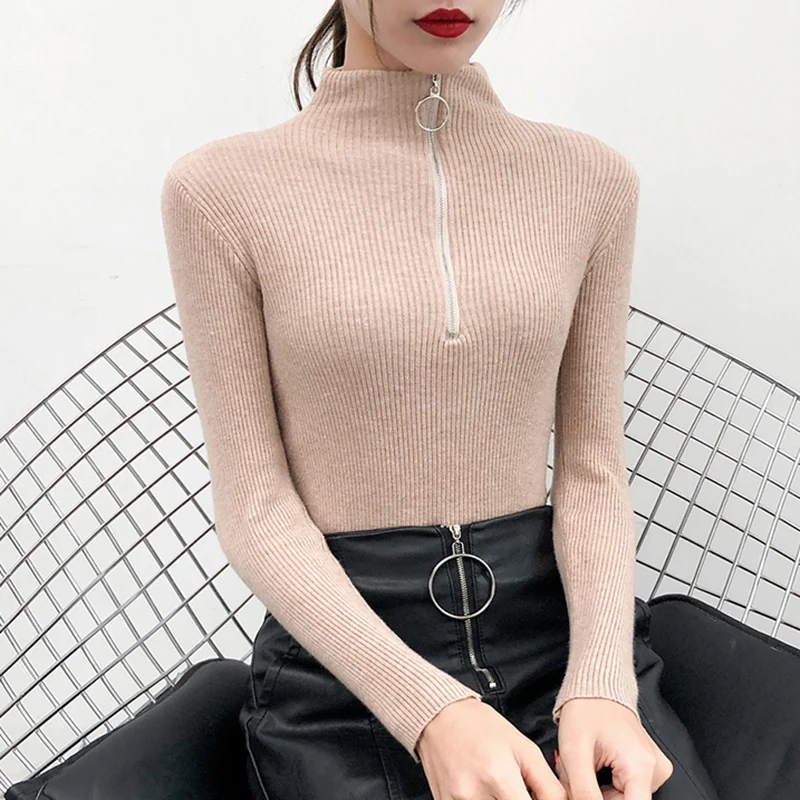 2018 Winter Tops For Women Sweaters And Pullovers Zipper White Knitted Sweater Winter Clothes Long Sleeve Slim Woman Sweaters 