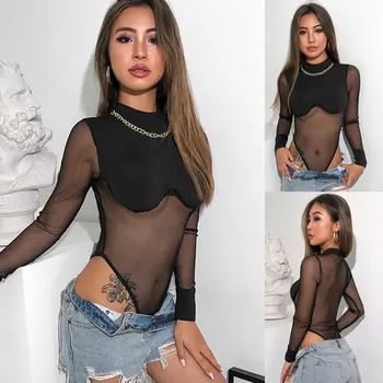 

New Women Sexy Long Sleeve Full Mesh Sheer Bodysuit Solid O-Neck See-through Bodycon Tops Bodysuit Beachwear