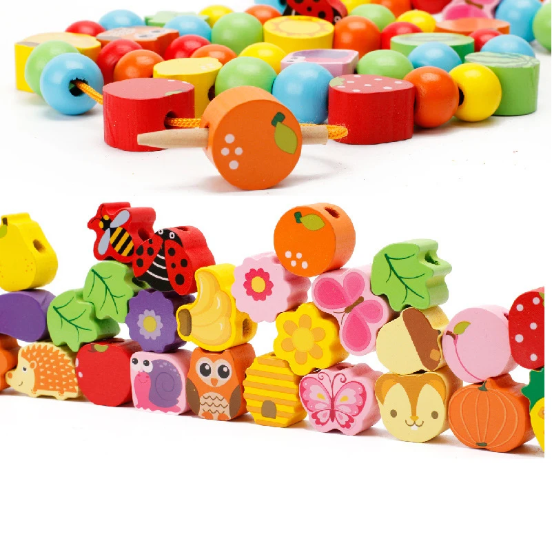 Забавные игрушки Монтессори для малышей, деревянные игрушки с бусинами для дерева, красочные фрукты, животные, деревянные блоки, детские игры, сборные строительные наборы
