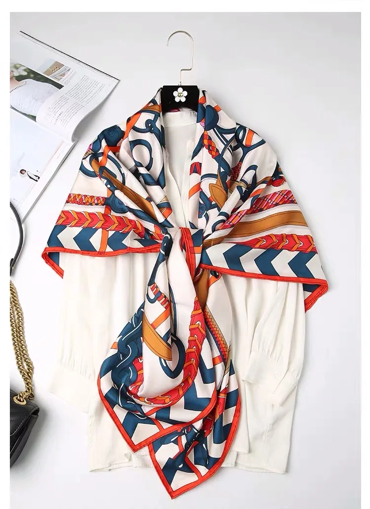 

2019 new arrival autumn spring geometric print 135*135 cm big square scarf 100% silk twill hand made roll shawl wrap lady