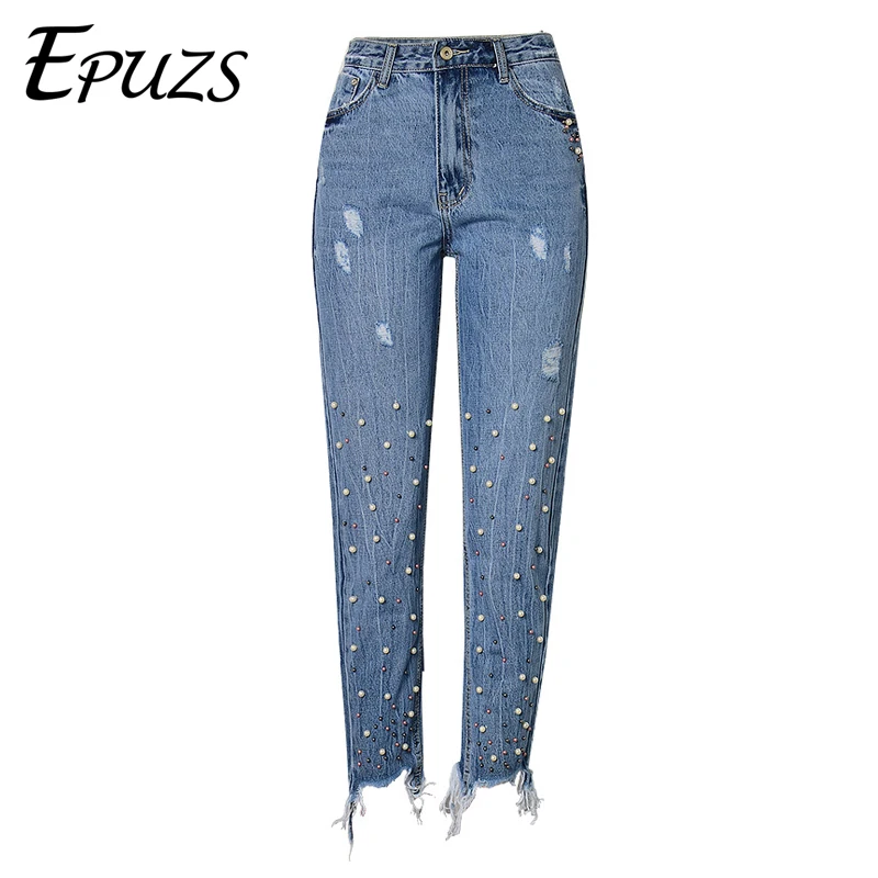 

Vintage Ripped Pearl skinny Jeans Tassel High Waist Jeans Woman Denim Pants Boyfriend mom jeans For Women Plus Size 2019