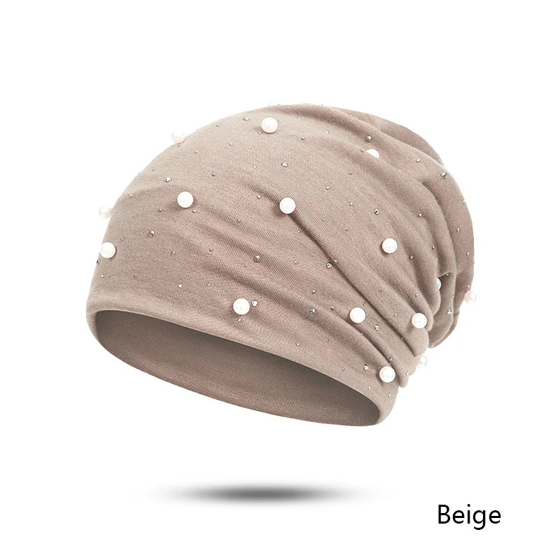 Брендовая женская шапка бини, повседневная, полиэстер, Блестящий Жемчуг и стразы, шапки бини для женщин, трикотажная шапка с черепами, шапки для женщин - Цвет: beige