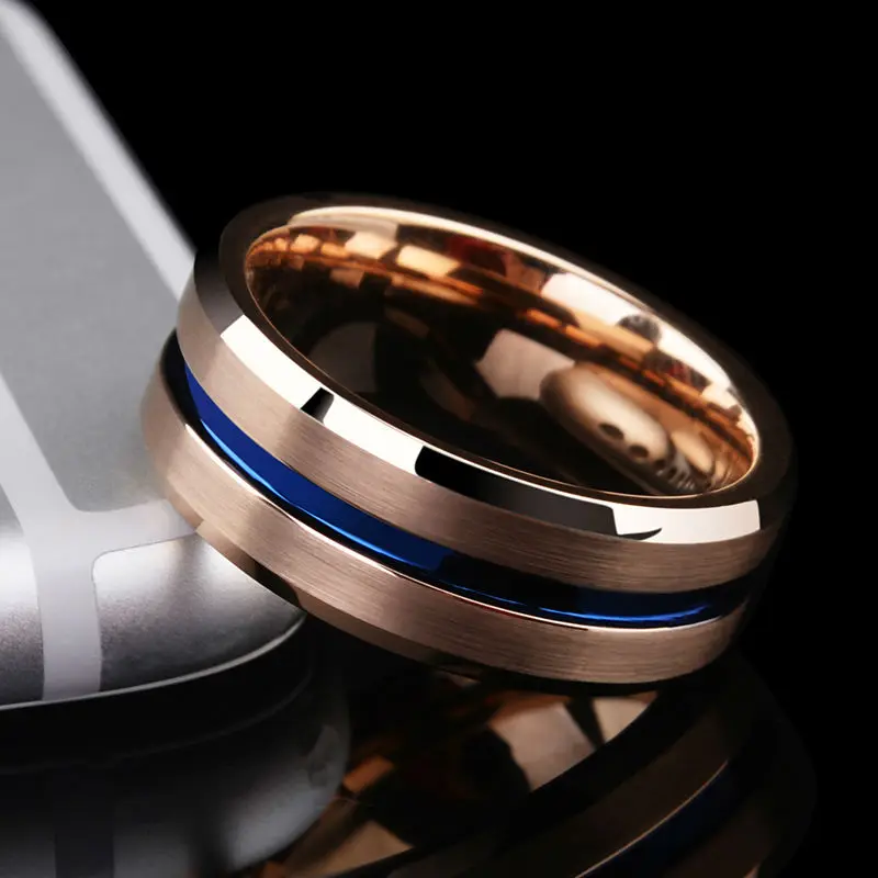 New Arrival 8MM Width Rose Gold Man Jewelry Rings Tungsten Carbide Band with Thin Blue Groove and Brushed Finishing CJZBLXLX0112