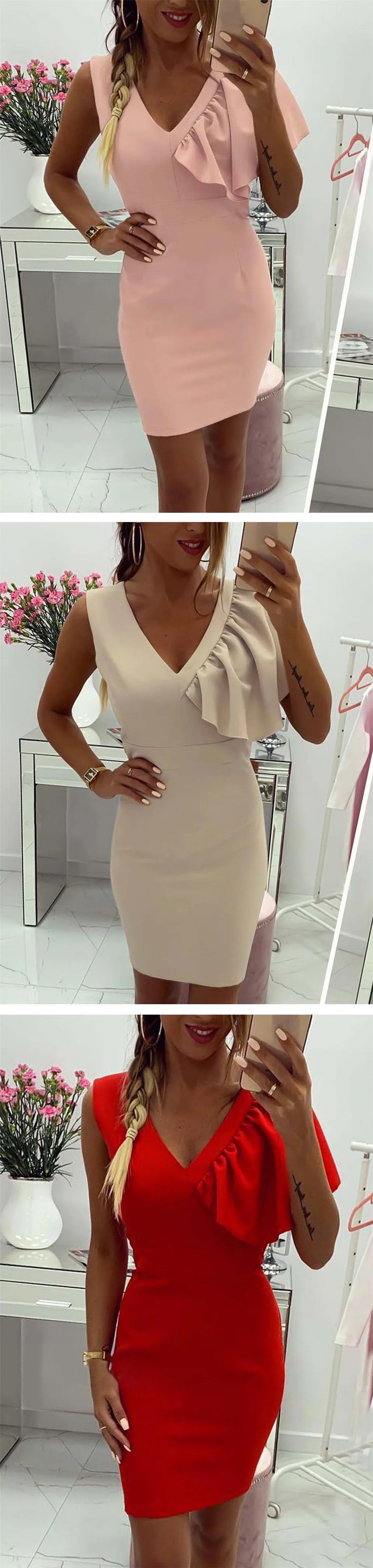 Elegant Women Bodycon Dress Patchwork Design Ruffles Decor V-Neck Sleeveless Solid Summer Mini Slim Hips Dress for Streetwear