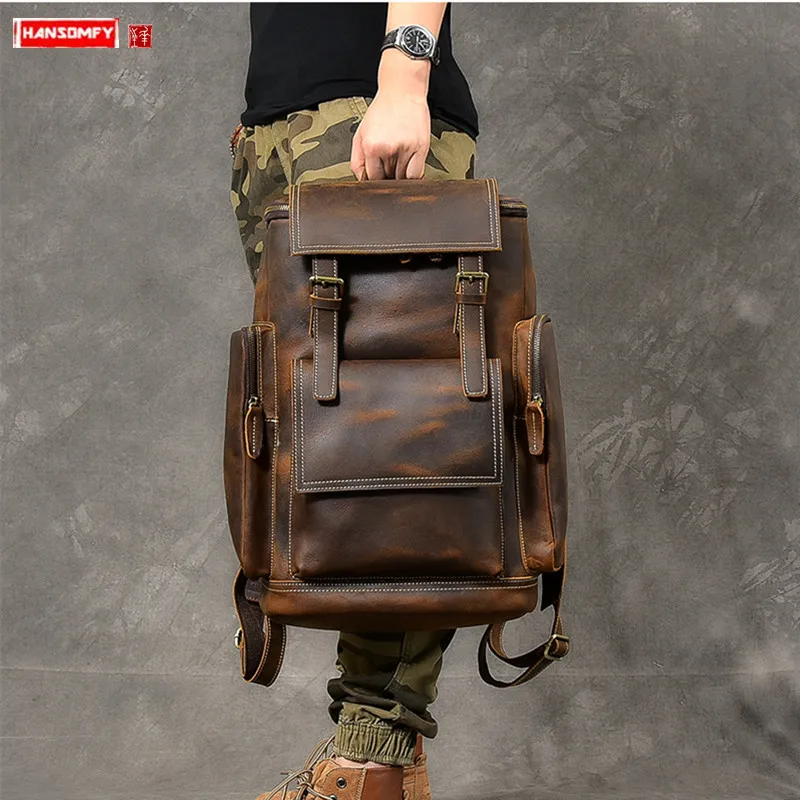 Retro Crazy Horse Leather Men's Backpack male computer bag Large Capacity 15.6 inch laptop bags genuine leather Travel Backpacks