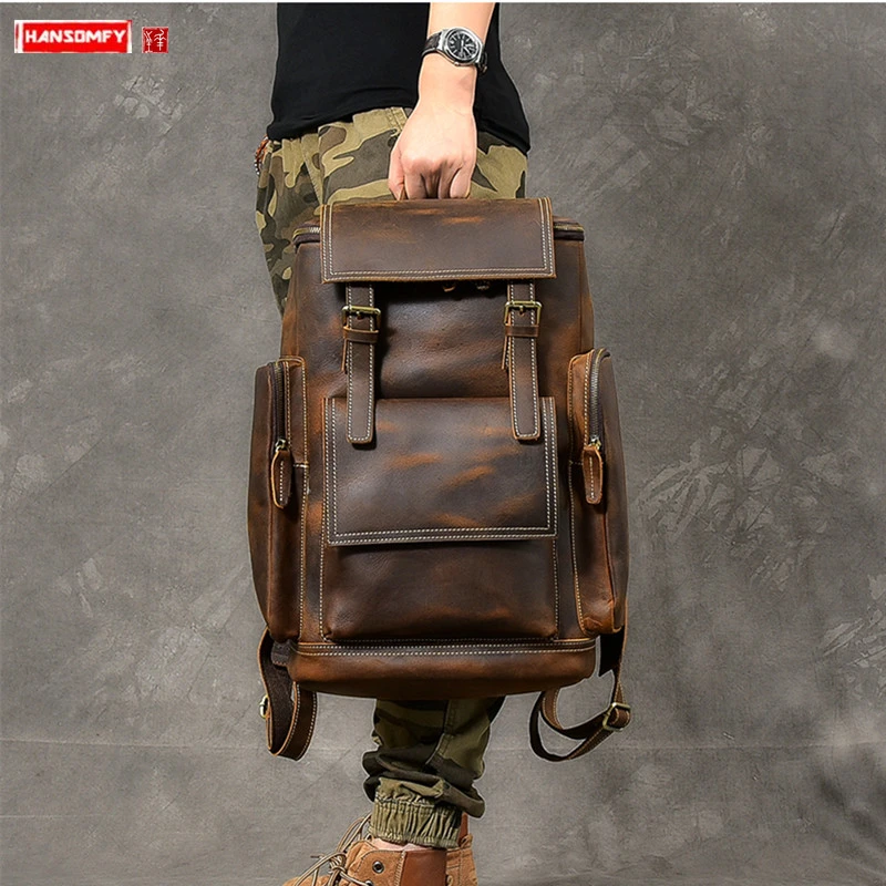 Retro Crazy Horse Leather Men's Backpack male computer bag Large ...