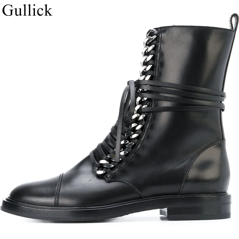

Gullick Black Leather Gold Chain Ankle Boots Round Toe Lace-up Flat Winter Short Boots Women Ridding Boot Strap Motorcycle Boot