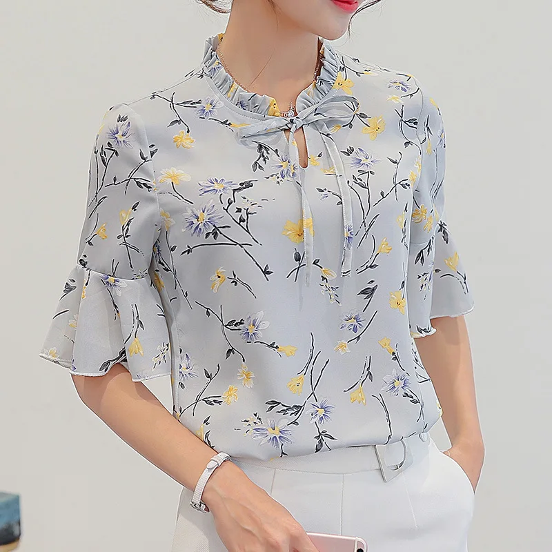 

Harajuku New Women Summer Blouses Fashion Foral Print Shirt Leisure Plus Size Ruffles Sleeve Slim Bodycon Chiffon Blouse Tops