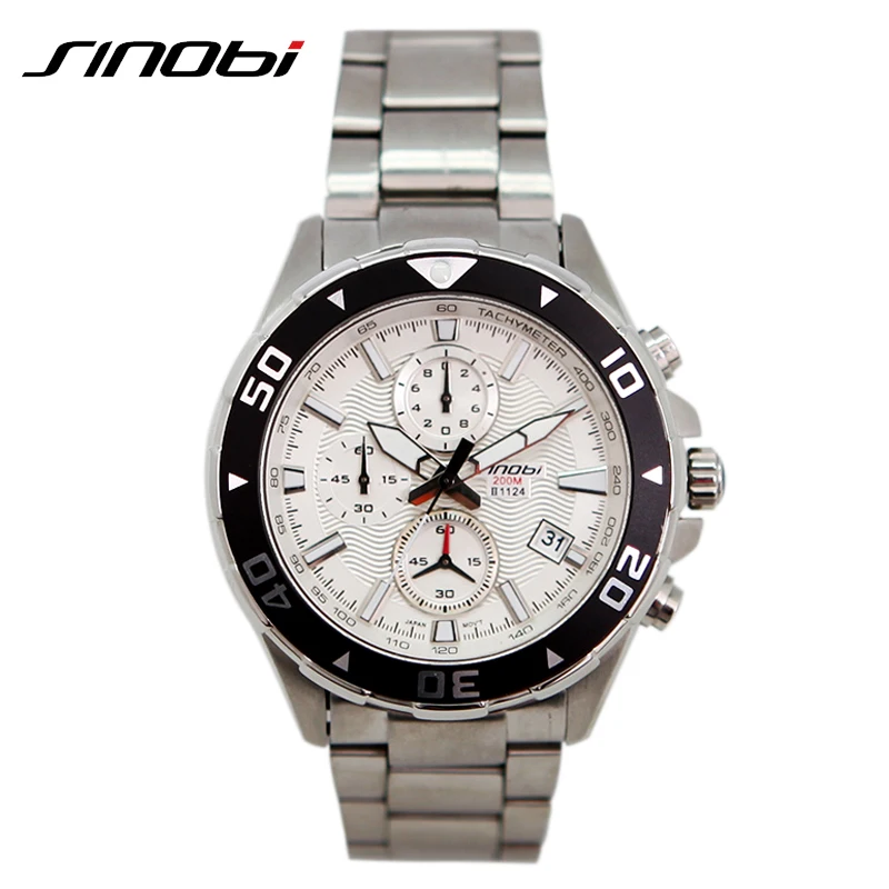 

SINOBI Minutes Display Mens Watch Complete Calendar Stainless Steel Band Relogio Masculino 2019 Stop Watch Mens Quartz watches