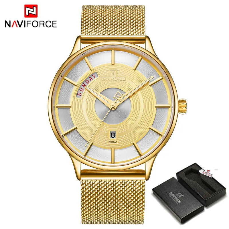 NAVIFORCE Топ люксовый бренд часы мужские модные стальные сетчатые Кварцевые спортивные часы мужские повседневные деловые наручные часы Relogio Masculino - Цвет: Gold -Box
