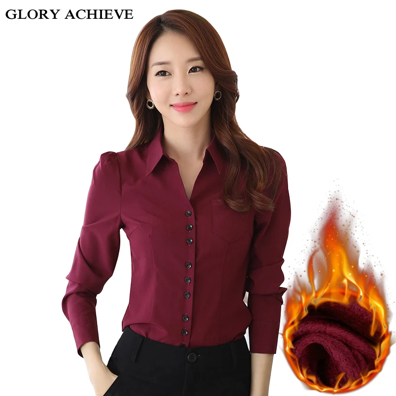  Office Shirt Woman Plus Velvet Thicking Long Sleeve Blouse V Neck Warm Womens Tops And Blouses Plus